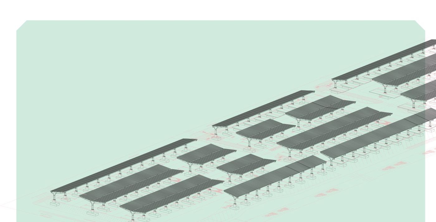 Nadstrešnice parkinga s FNE MASS Solar 1 (800 kW)